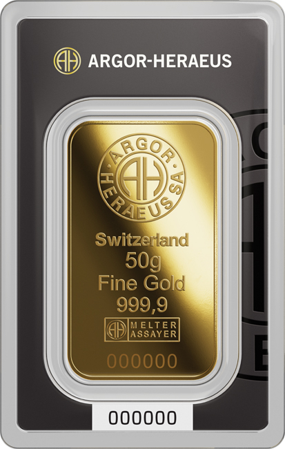 Zlatý slitek Argor Heraeus, 50 g